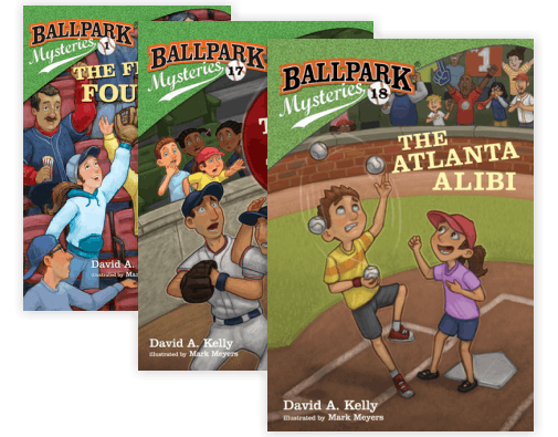 Three books covers from Ballpark Mysteries series feature three young cartoon characters.