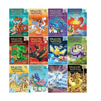 Collage of 12 Dragon Masters book covers with different dragons on each cover
